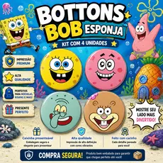Kit 4 Bottons Bob Esponja Botum Boton Broche Presente Bolsa Mochila Escolar Infantil Desenho