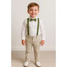 Conjunto Roupa Social Calça Nude Camisa Branca Gravata Suspensório Verde Oliva Formatura Casamento