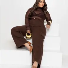 Calça Jeans Feminina Wide Leg Cargo Plus Size Marrom