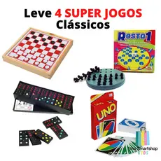 Kit 4 Super Jogos Classicos 1 Dama Tabuleiro + 1 Dominó + 1 Resta 1 + 1 Uno Criança Infantil Menino Menina Passatempo