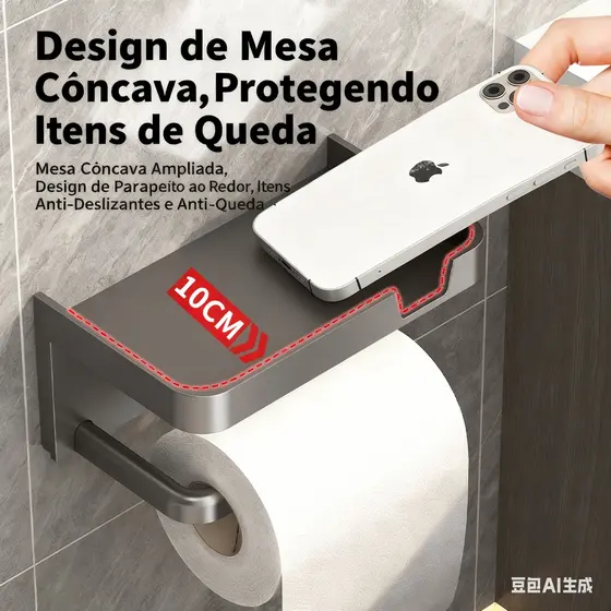 Organizador Duplo para Banheiro Porta Papel Higiênico Apoio Celular e Lenço Umedecido Fixação Adesiva Sem Furos