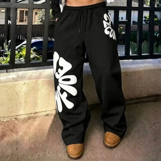 Calça Baggy Moletom Oversized Estilo Y2K  Flanelado  C/ Cordão Ajustável Estilo Urbano