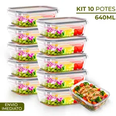 Conjunto 10 Potes 640ml Vidro Hermético 4 Travas Marmita