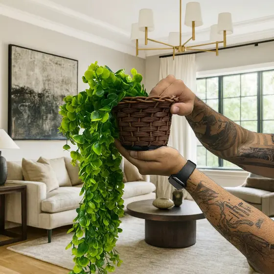 Kit Planta Decorativa: Vasos Trançado Marrom + Pendentes Artificial Folhas De Eucalipto