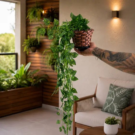 Kit Planta Decorativa: Vaso Trançado Marrom + Pendente Artificial Folhas De Jiboia