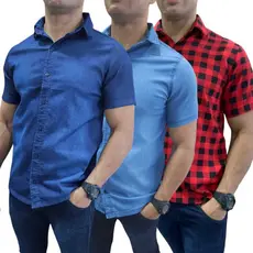 Camisa Jeans Masculina Social Elastano  Manga Curta Slim Com Botões Camisa Viscose Xadrez Vermelha