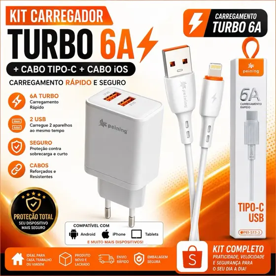 Kit Carregador Turbo 6A + Cabo Tipo-C + Cabo Lightning | Carregamento Rápido | Android e iPhone