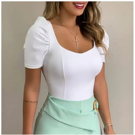 Body feminino com bojo manga princesa bufante tecido poliéster