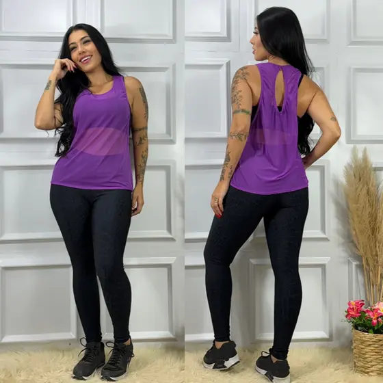Camiseta Regata de Tule Cavada Feminino com detalhe de Gota nas Costas