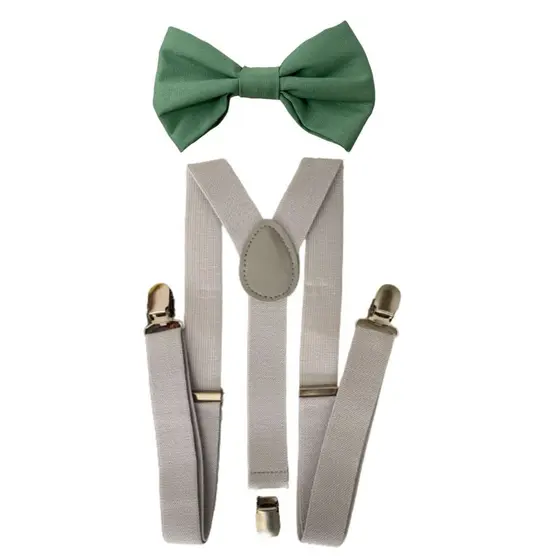 Kit Suspensório Cinza Claro e Borboleta Verde Oliva Tricoline Infantil