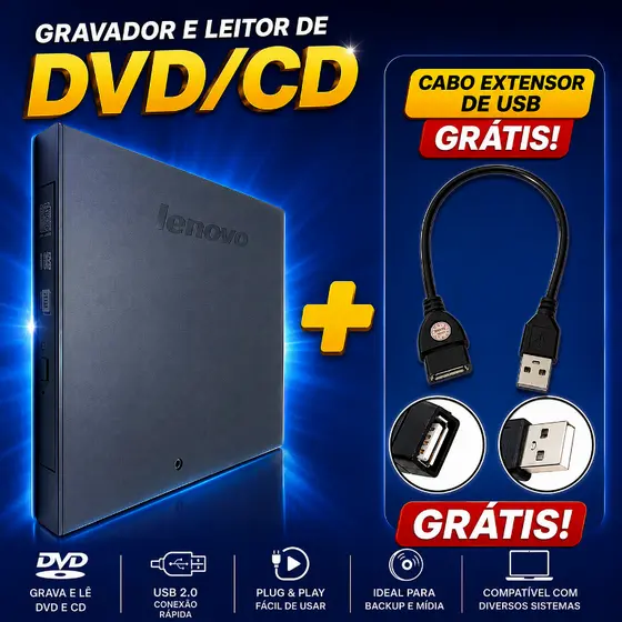 Gravador Lenovo de DVD e CD Externo Usb Slim Ultra + Grátis Cabo Extensor USB