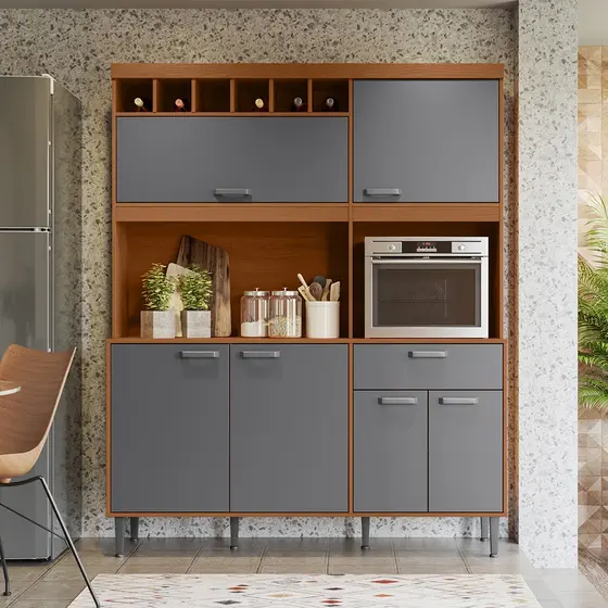 Kit Compacto Armário de Cozinha Dakota Lukaliam 6 Portas 1 Gaveta e Adega Funcional Moderno Movelove