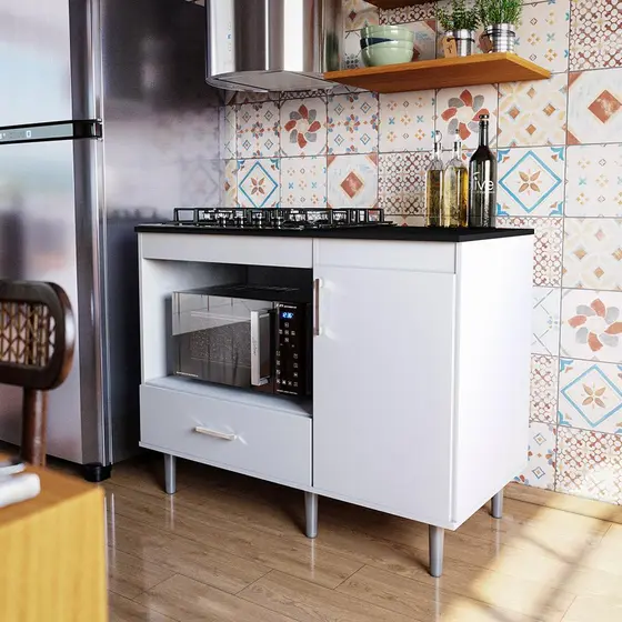 Balcão de Cozinha 1,05m Para Cooktop 5 Bocas 1 Nicho Com 1 Porta E Gaveta Turim Branco - Movelove