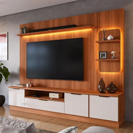 Estante Home Para TV Até 75” Noble 225cm Com Torre Nicho LED Sala Moderna Luxo Movelove