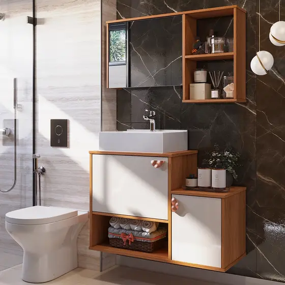 Gabinete Banheiro com Espelheira Lotus Movelove – 3 Portas, Cuba, Compacto e Funcional