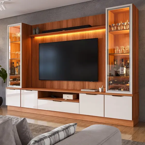 Estante Home Noble 2,70m Para TV Até 75” Com 2 Cristaleiras LED Portas Reflecta 198x270cm Sala Luxo