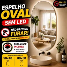 Espelho Oval Sem LED 50x40 e 80x50 Não Precisa Furar Instalação Fácil com Dupla Face Inclusa