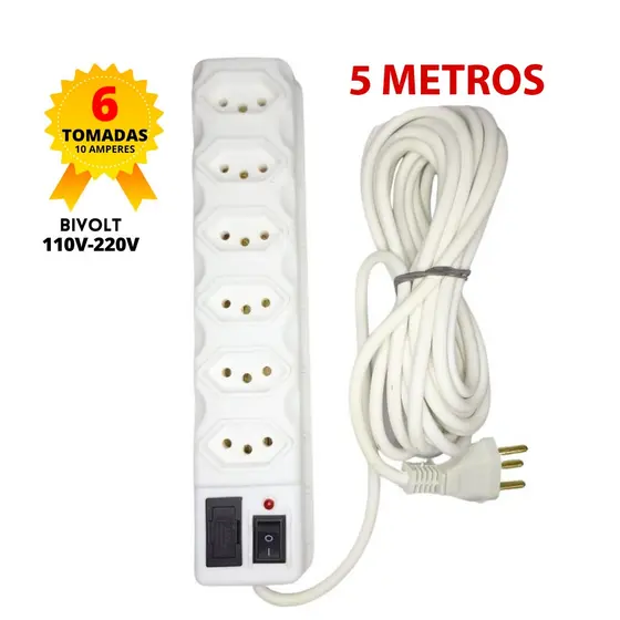 Filtro de Linha Branco 3, 4, 5 e 6 Tomadas Régua Elétrica 3 e 5 METROS 10A Bivolt
