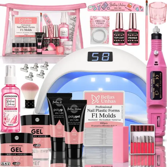 Kit Alongamento de Unha em Gel Polygel Poligel Fibra 3 em 1 Completo + Cabine Lixadeira Nécessaire