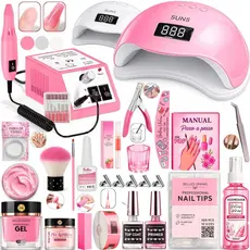Kit Completo para Alongamento de Unhas em Gel, Fibra e Tips com Cabine Sun 5 48W e Lixadeira Elétrica Profissional