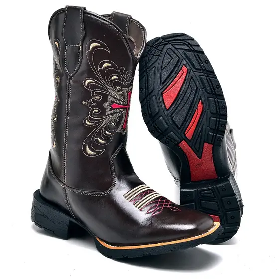 Bota Country Feminina Café Com Bordado De Cruz Rosa