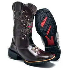 Bota Country Feminina Café Com Bordado De Cruz Rosa