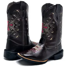 Botas Texana Feminina Café Com Bordado De Cruz Rosa Promoção Black Friday