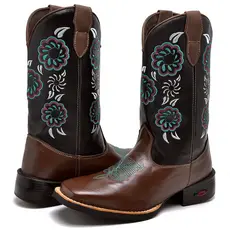 Botas Texana Feminina Café Com Bordado De Floral Azul Promoção Black Friday