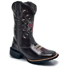 Botas Country Feminina Café Com Bordado De Cruz Rosa