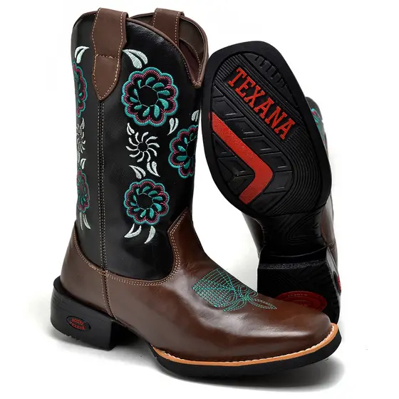Bota Country Feminina Café Com Bordado Floral Azul