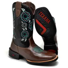 Bota Country Feminina Café Com Bordado Floral Azul