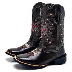 Bota Texana Bordada Feminina Café Com Cruz Rosa