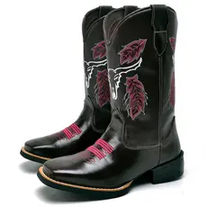 Bota Texana Feminina Café Com Bordado De Touro Rosa