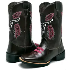 Botas Texana Feminina Café Com Bordado De Touro Rosa Promoção Black Friday
