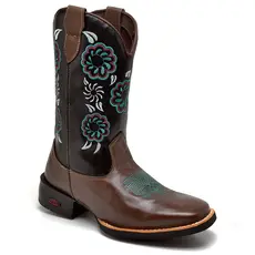 Botas Country Feminina Café Com Bordado De Floral Azul
