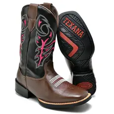 Bota Country Feminina Café Com Bordado Tribal Rosa