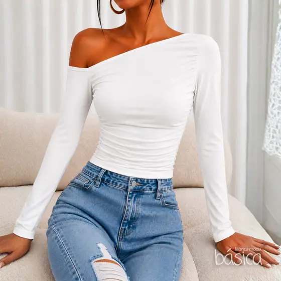 Blusa Feminina Suplex com Manga Longa Comprida Assimétrica Drapeada Elegante Casual Premium