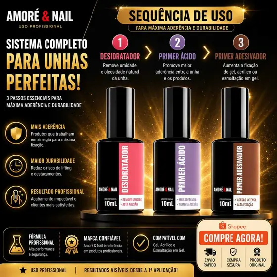 Kit 3 Preparadores Desidratador/ Adesivador/ Primer Ácido Alongamento Unhas AMORÉ&NAIL 10ml Lançamento