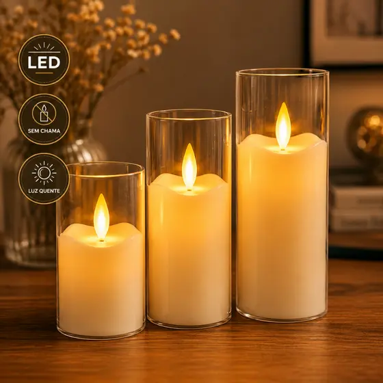 Kit 3 Velas LED Sem Chama Decorativas Luz Quente C/ Baterias