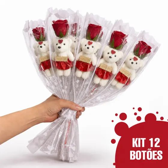 Kit 12 Botões Rosa Vermelha artificiais rosa com ursinho rosas artificial para decoração rosa eterna