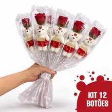 Kit 12 Botões Rosa Vermelha artificiais rosa com ursinho rosas artificial para decoração rosa eterna