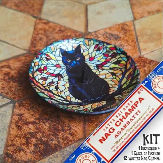 Incensário Gato Preto Porta Incensos de Vareta Bruxaria Altar Wicca