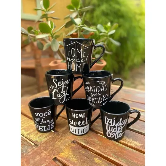 Kit 6 xícaras 120ml Café Chá Porcelana Frases Preta