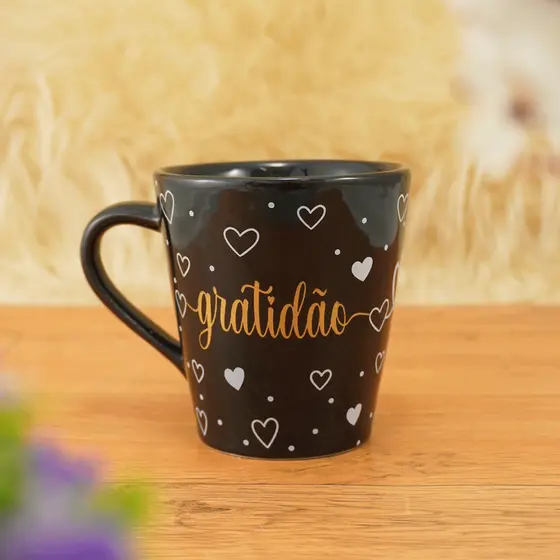 Caneca Porcelana Chá Café 290 ml Gratidão Preta
