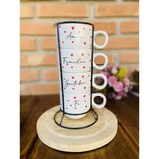Jogo de Xícaras Café Chá Porcelana Fé Familia com Suporte de Metal