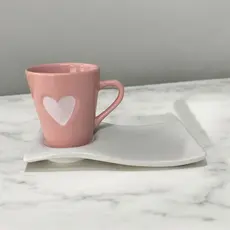 Kit Caneca Xícara Rosa Coração Relevo Branco Porcelana 120ml + Pires Ondulado Branco