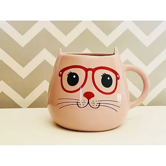 Caneca Gato Rosa Carinhas 500ml Porcelana Fofa Presente Criativo Café Chá