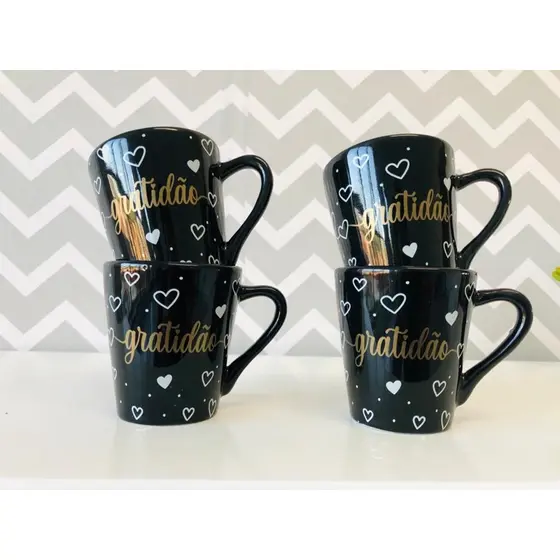 Jogo Kit 4 Xícaras/ Canecas Porcelana Preta Decorada Gratidão