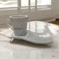 Kit Caneca Xícara Porcelana 120ml  + Pires Ondulado Gratidão Coração faixa