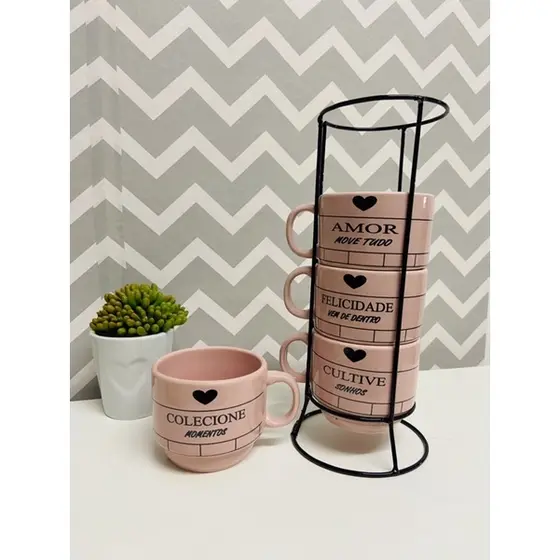 Jogo de Xícaras Café Chá Porcelana Rosa com Suporte